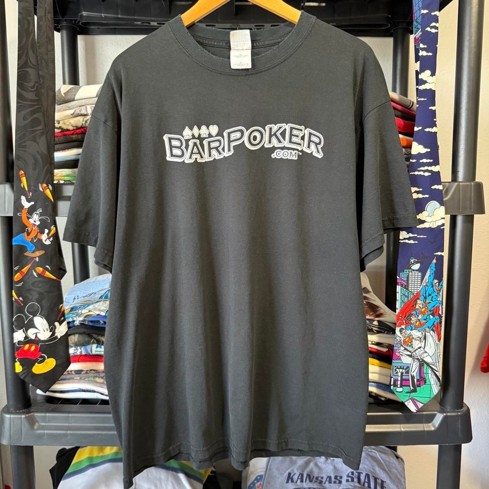 Y2K Black Barpoker.com Gambling Graphic T-Shirt Size XL Light Distressing